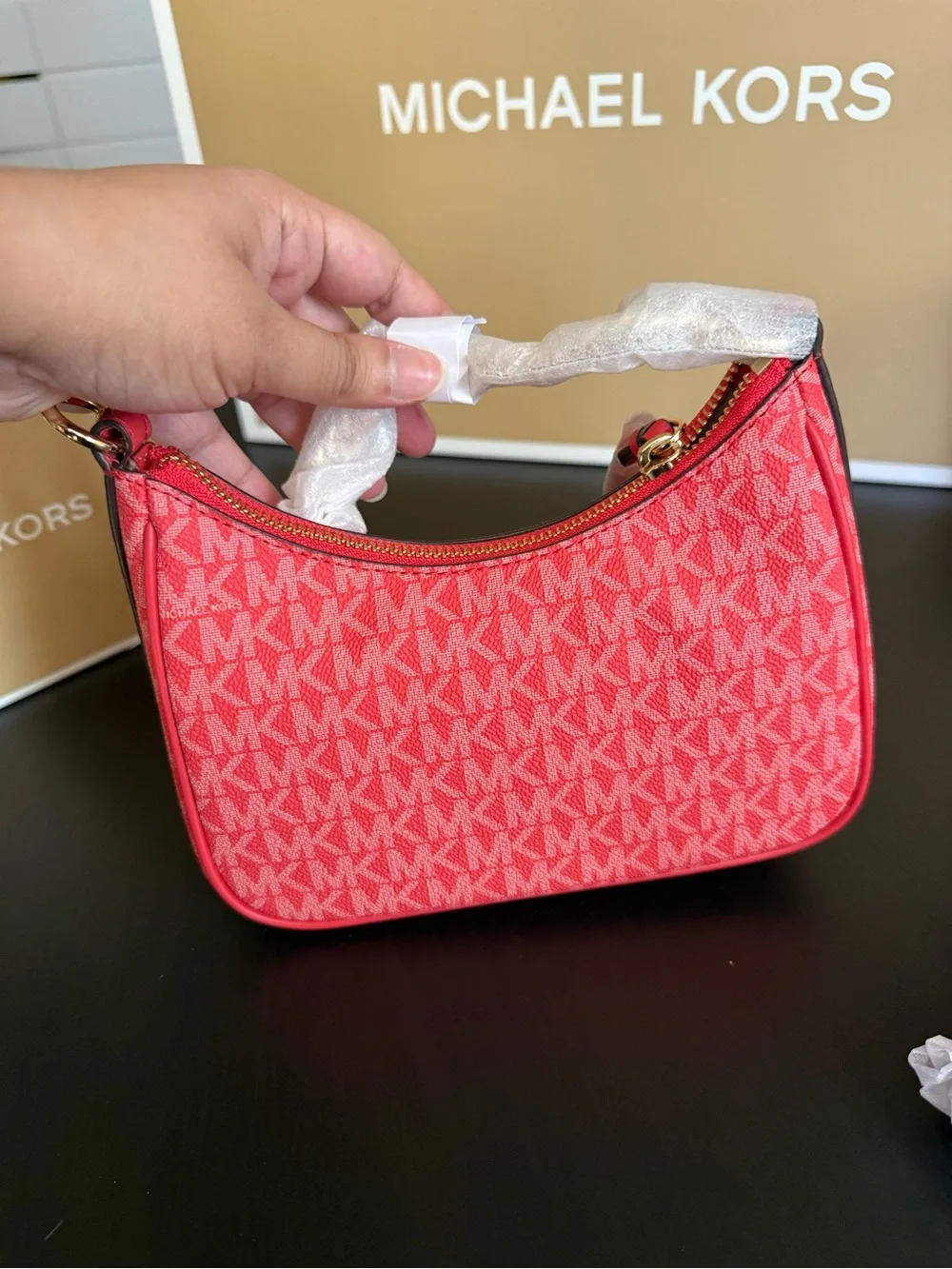 💯% Auethentic Michael Kors Coral Red MK Monogram Hobo with Gold Chain